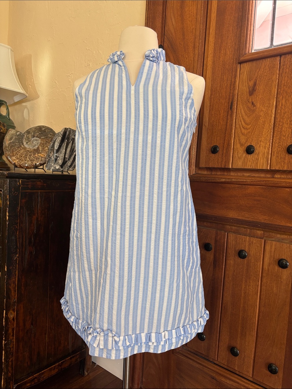 Sara Campbell Light Blue & White Striped Ruffle Halter Dress